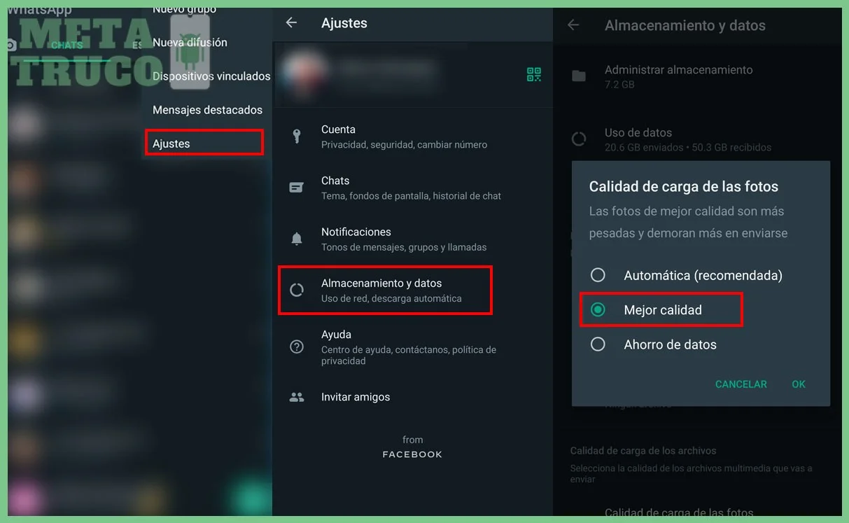 Acceder a Almacenamiento y datos en el menú de Ajustes