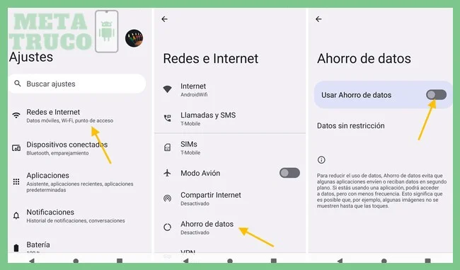 Ruta en Android puro o Motorola: Ajustes > Redes e internet > Ahorro de datos