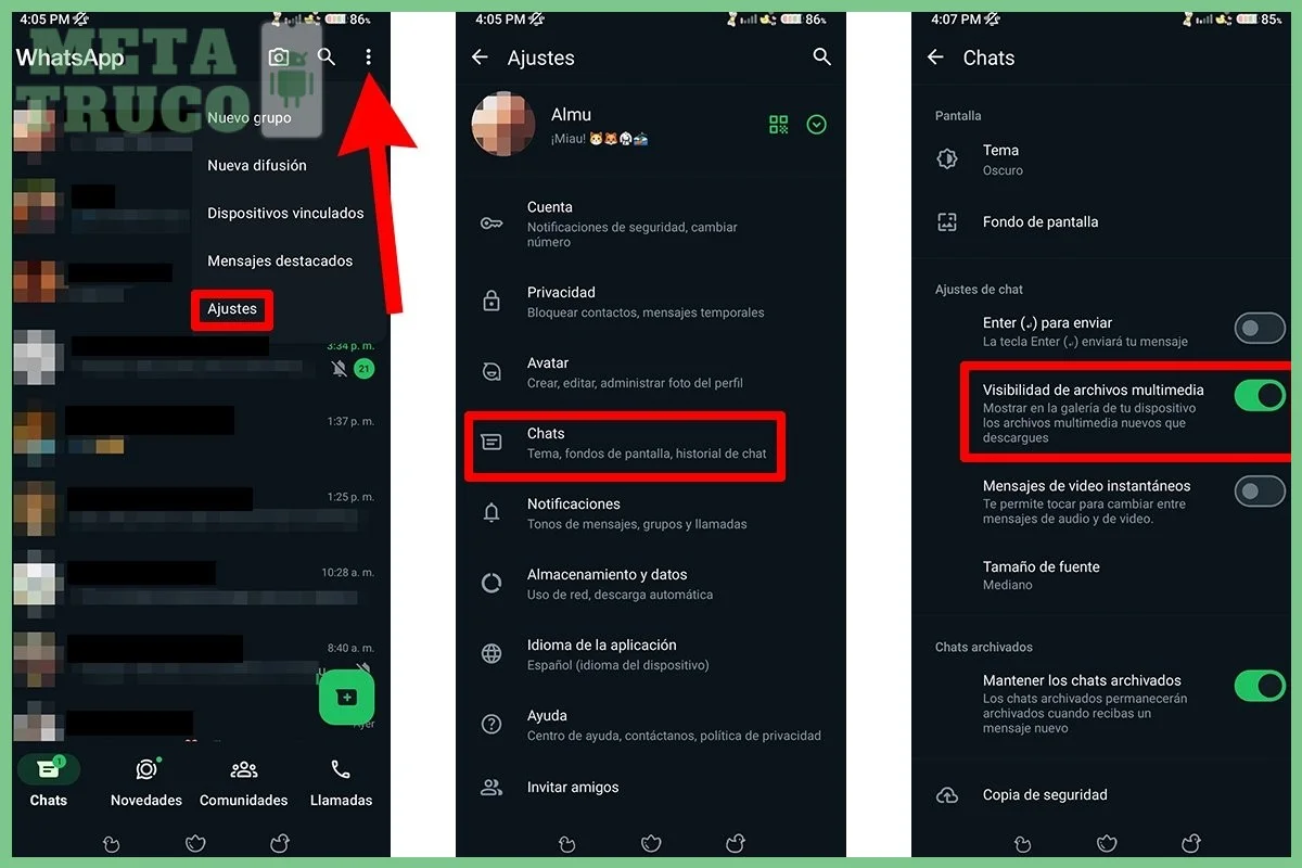 Ruta en iOS: Ajustes de WhatsApp > Almacenamiento y datos > Descarga automática